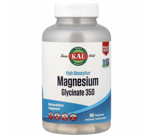 Магний глицинат 350, Magnesium Glycinate 350, KAL, 160 вегетарианских капсул