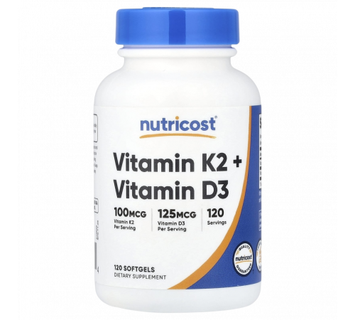 Витамин K2 + D3, Vitamin K2 + Vitamin D3, Nutricost, 120 мягких капсул