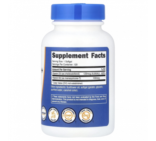 Витамин K2 + D3, Vitamin K2 + Vitamin D3, Nutricost, 120 мягких капсул