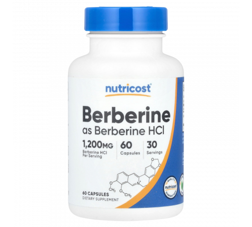 Берберин, Berberine HCl, Nutricost, 60 капсул