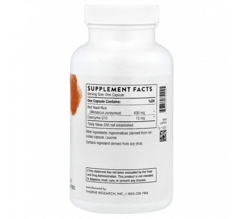 Красный дрожжевой рис с коэнзимом Q10, Red Yeast Rice + CoQ10, Thorne, 120 капсул