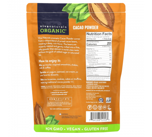 Органический порошок какао, Organic Cacao Powder, Viva Naturals, 454 г