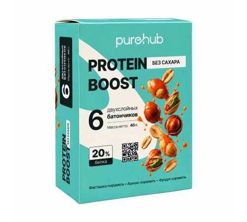 Протеиновые батончики Protein Boost, Фисташка, Арахис, Фундук, Purehub, 6 батончиков по 40 г