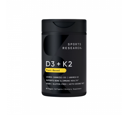 Растительный витамин Д3+К2, Vitamin D3+K2, Sports Research, 60 капсул