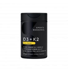 Растительный витамин D3 + K2, Vegan Vitamin D3 + K2, Sports Research, 30 растительных капсул