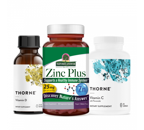 Комплект для поддержки иммунитета: Zinc Plus + Vitamin D + Vitamin C с флавоноидами, Nature's Answer + Thorne