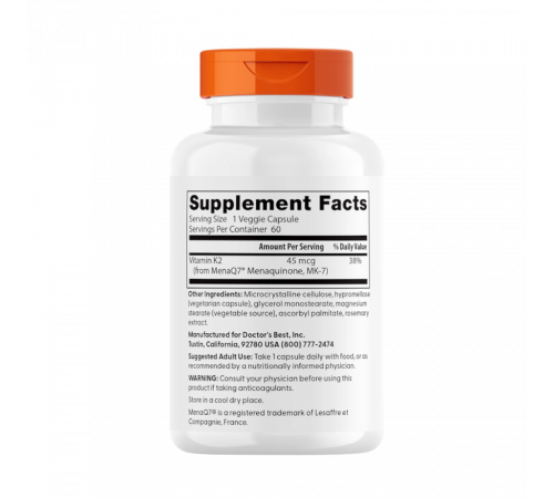 Натуральный витамин К2 с MenaQ7, Natural Vitamin K2 MK-7 with MenaQ7, Doctor's Best, 60 вегетарианских капсул