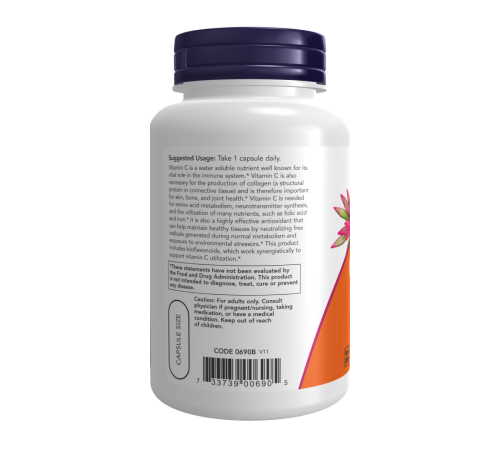 Витамин C с биофлавоноидами, Vitamin C, Now Foods, 100 вегетарианских капсул