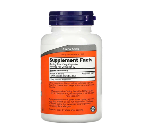 Ацетил-L-карнитин, Acetyl-L-Carnitine 500 mg, Now Foods, 50 капсул