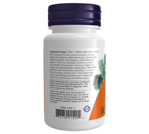 Цинк, Zinc, Now Foods, 100 таблеток