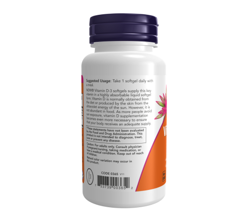 Витамин Д3, Vitamin D3, Now Foods, 360 капсул