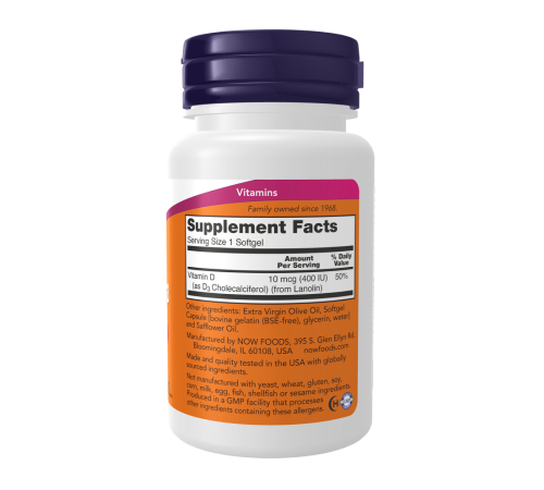 Витамин Д3, Vitamin D3, Now Foods, 180 желатиновых капсул