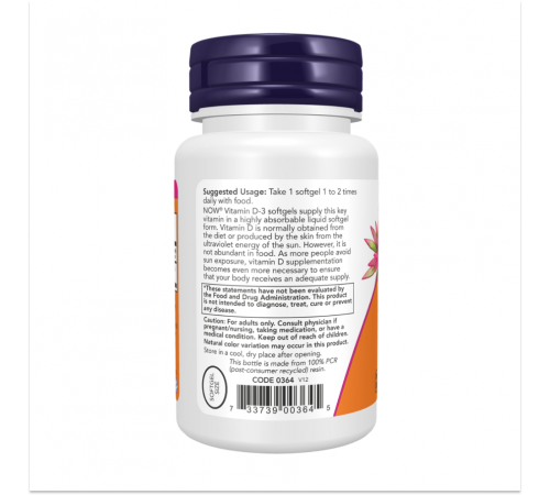 Витамин Д3, Vitamin D3, Now Foods, 180 желатиновых капсул