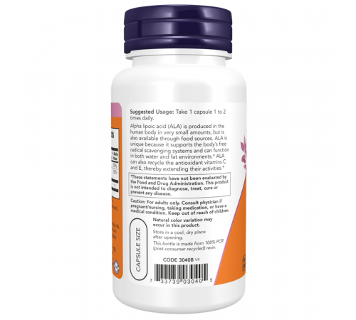 Альфа-Липоевая Кислота, Alpha Lipoic Acid, Now Foods, 60 вегетарианских капсул