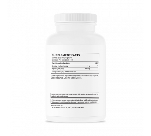 Бетаингидрохлорид и пепсин, Betaine HCL, Pepsin, Thorne, 225 капсул
