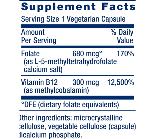 Фолат с Витамином B12, Folate & Vitamin B12, Life Extension, 90 вегетарианских капсул