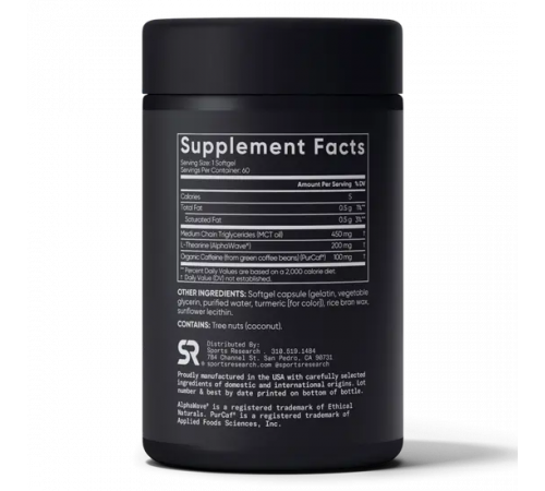 L-теанин и кофеин с маслом MCT, L-Theanine and Caffeine, Sports Research, 60 капсул