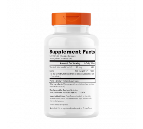 Активный фолат с кватрефоликом, Fully Active Folate With Quatrefolic, Doctor's Best, 90 капсул