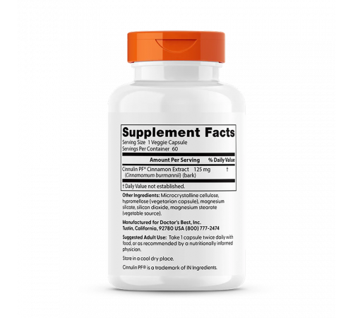 Экстракт корицы с Cinnulin PF, Cinnamon Extract with Cinnulin PF, Doctor's Best, 60 капсул