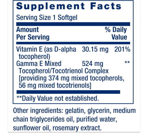 Витамин Е, Gamma E Mixed Tocopherols & Tocotrienols, Life Extension, 60 капсул