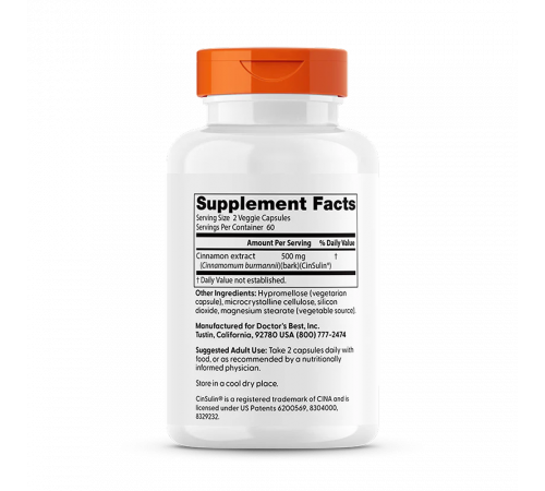 Экстракт корицы с Cinnulin PF, Cinnamon Extract with Cinnulin PF, Doctor's best, 120 вегетарианских капсул
