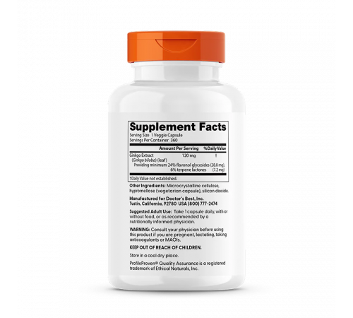 Гинкго билоба с повышенной силой действия, Extra Strength Ginkgo, Doctor's best, 360 вегетарианских капсул