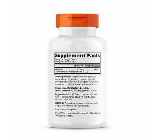Натуральный витамин K2 с MenaQ7, Natural Vitamin K2 MK-7 with MenaQ7, Doctor's best, 180 вегетарианских капсул