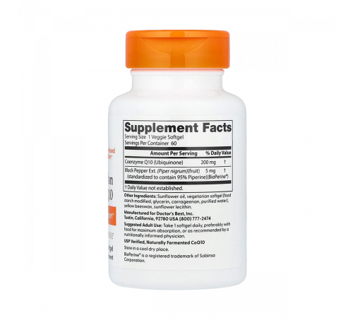 Коэнзим Q10 с биоперином, High Absorption CoQ10 with BioPerine, Doctor's Best, 60 вегетарианских капсул