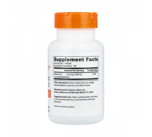 Витамин D3, Vitamin D3, Doctor's Best, 180 мягких капсул