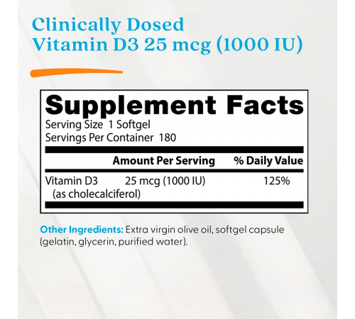 Витамин D3, Vitamin D3, Doctor's Best, 180 мягких капсул