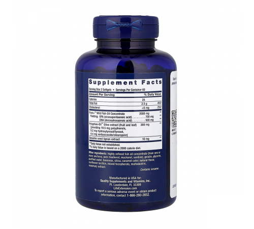 Супер Омега-3 с экстрактом оливы и семян кунжута, Super Omega-3 EPA/DHA Fish Oil, Sesame Lignans & Olive Extract, Life Extension, 120 таблеток