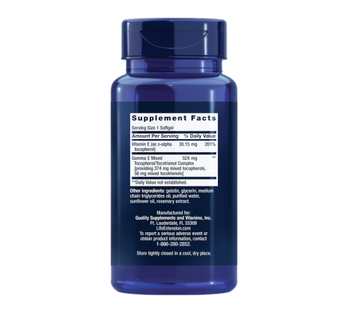 Витамин Е, Gamma E Mixed Tocopherols & Tocotrienols, Life Extension, 60 капсул