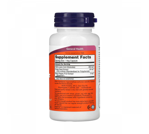 Альфа-липоевая кислота, Alpha Lipoic Acid, Now Foods, 60 капсул