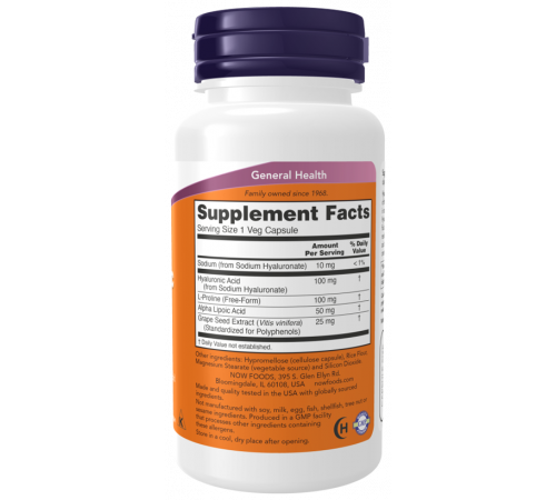 Гиалуроновая кислота, Hyaluronic Acid, Now Foods, 60 капсул
