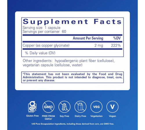 Глицинат меди, Copper glycinate, Pure Encapsulations, 60 капсул