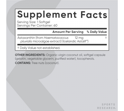 Астаксантин из микроводорослей, Astaxanthin, Sports Research, 60 капсул