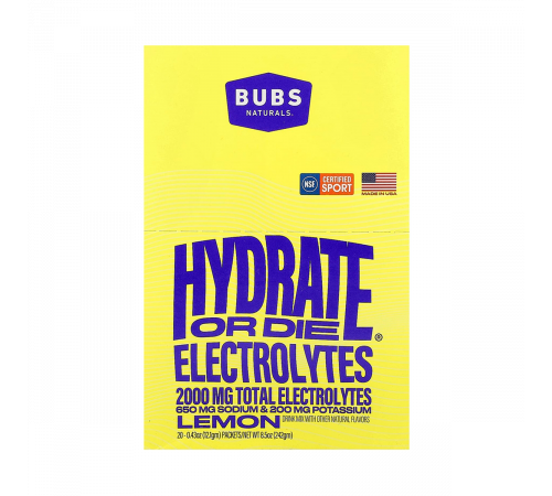 Смесь для приготовления электролитического напитка со вкусом лимона, Hydrate or Die, Bubs Naturals, 20 пакетиков