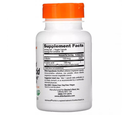 Cтабилизированная R-липоевая кислота, Stabilized R-Lipoic Acid, Doctor's Best, 60 вегетарианских капсул