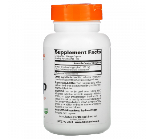 5-HTP, Doctor's Best, 5-гидрокситриптофан, 100мг, 180 вегетарианских капсул