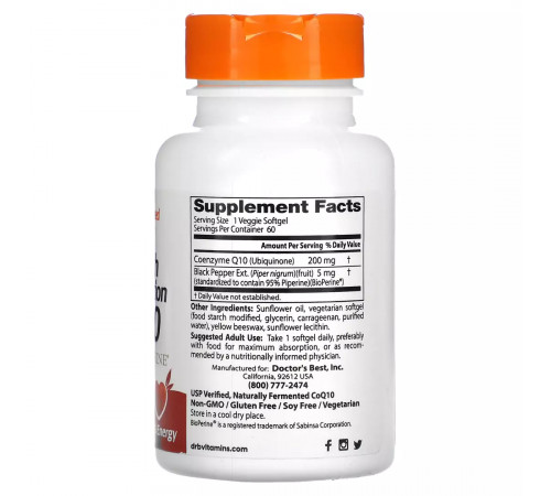 Коэнзим Q10 с высокой абсорбцией с биоперином, High Absorption CoQ10, Doctor's Best, 60 вегетарианских капсул