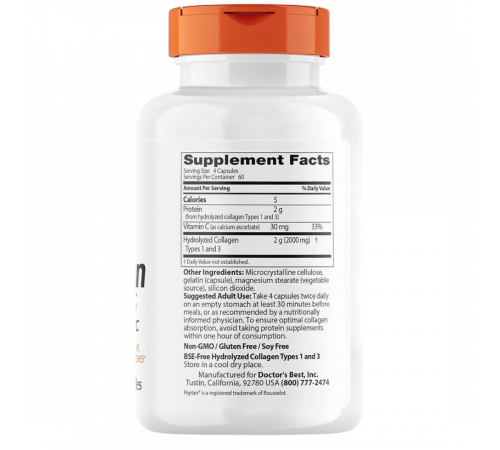 Коллаген 1 и 3 типа, Collagen Types 1 and 3 and Vitamin C, Doctor's Best, 240 капсул