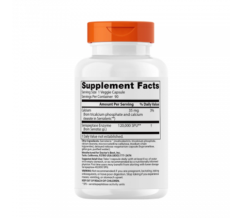 Серрапептаза, High Potency Serrapeptase, Doctor's Best, 90 вегетарианских капсул