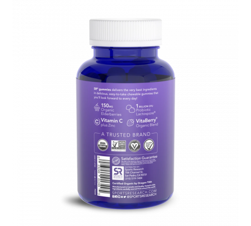 Комплекс Бузины + Витамин C, Цинк и Пробиотики, Elderberry Gummies + C, Zn & Probiotic Organic, Sports Research, 60 жевательных капсул