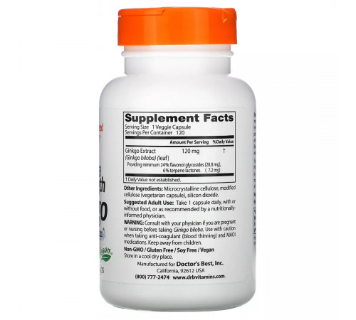 Усиленный гинкго, Extra Strenght Ginkgo, Doctor's Best, 120 вегетарианских капсул