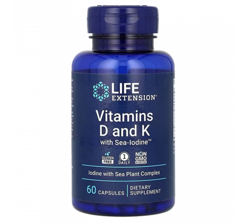 Витамины D и К с йодом, Vitamins D and K with Sea-Iodine, Life Extension, 60 капсул