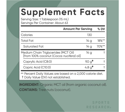 Органическое масло с жирными кислотами МСТ (C8, C10), MCT Oil organic (C8, C10), Sports Research, 946 мл