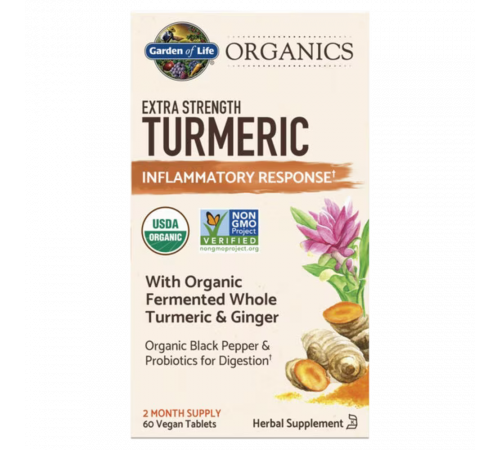 Куркума, Organics Extra Strength Turmeric Inflammatory Response, Garden of life, 60 веганских таблеток