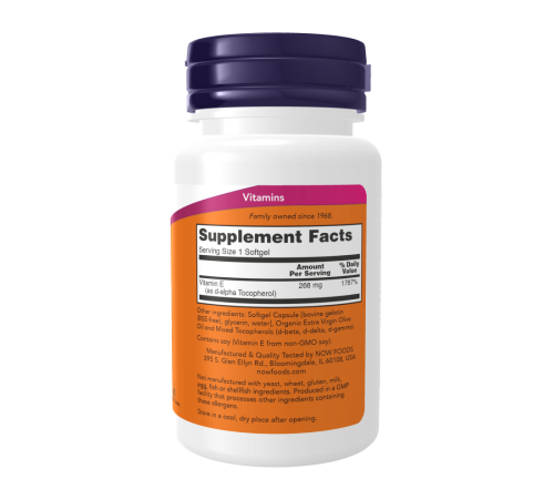 Витамин Е, Vitamin E, Now Foods, 250 желатиновых капсул