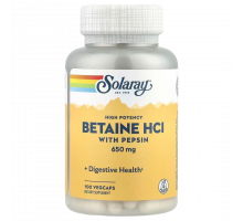 Бетаин с пепсином, Solaray High Potency Betaine HCl with Pepsin, 100 вегетарианских капсул