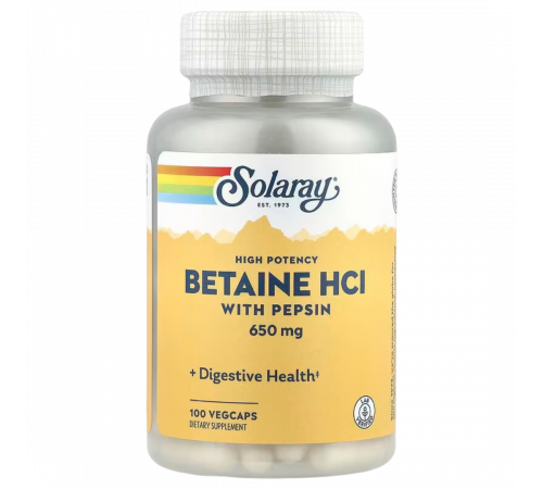 Бетаин с пепсином, Solaray High Potency Betaine HCl with Pepsin, 100 вегетарианских капсул
